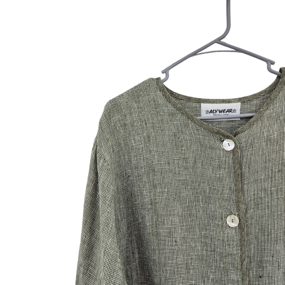 Aly Wear Women's 100% Linen Houndstooth Button Front Top Lagenlook- M - Picture 2 of 8